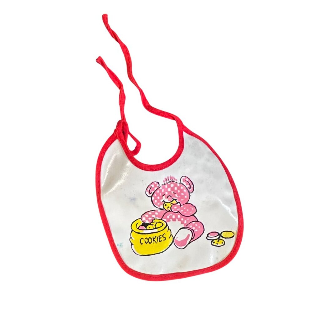 Vintage Doll Bib With Pink Polka-Dot Teddy Bear & Cookie Jar Illustration Red Tr